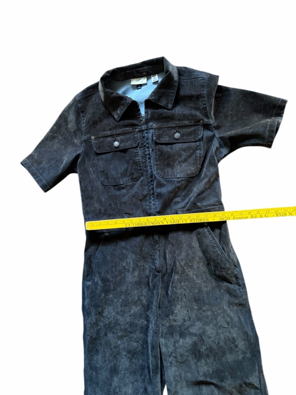 Short-Sleeve Gray Velvet Jean Jumpsuit - Picture 5 of 16